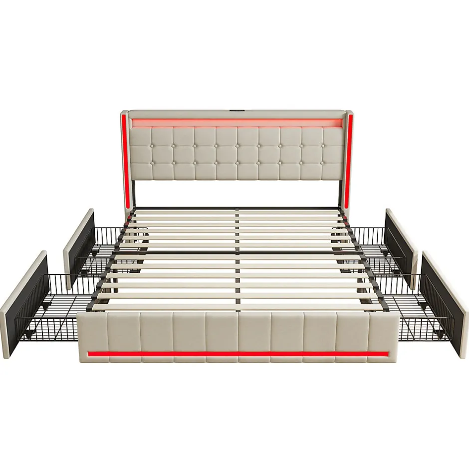 Simple Life Lit 140x190 avec Sommier LED et USB, Lit Double avec 4 tiroirs, Beige