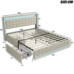 Simple Life Lit 140x190 avec Sommier LED et USB, Lit Double avec 4 tiroirs, Beige