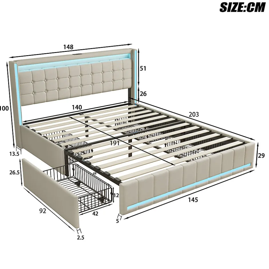 Simple Life Lit 140x190 avec Sommier LED et USB, Lit Double avec 4 tiroirs, Beige
