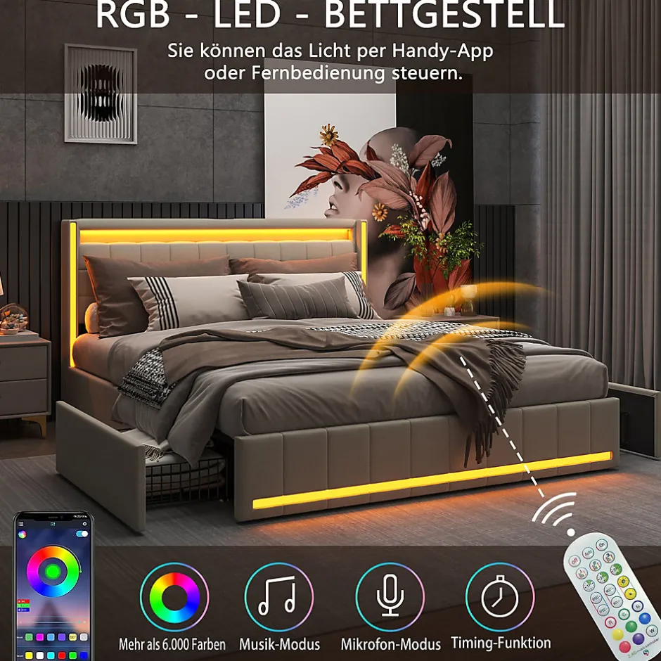 Simple Life Lit 140x190 avec Sommier LED et USB, Lit Double avec 4 tiroirs, Beige