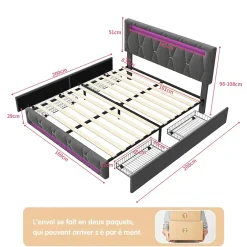 Fortuna lai Lit 160x200 avec Sommier LED et USB,Lit capitonné avec 4 tiroirs et Grand Rangement Lit,Gris Hot