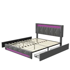 Fortuna lai Lit 160x200 avec Sommier LED et USB,Lit capitonné avec 4 tiroirs et Grand Rangement Lit,Gris Hot