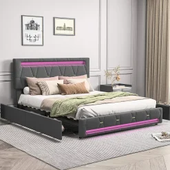 Fortuna lai Lit 160x200 avec Sommier LED et USB,Lit capitonné avec 4 tiroirs et Grand Rangement Lit,Gris Hot