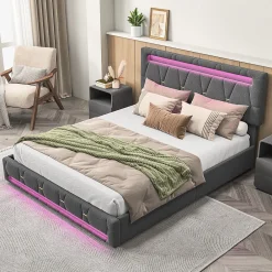 Fortuna lai Lit 160x200 avec Sommier LED et USB,Lit capitonné avec 4 tiroirs et Grand Rangement Lit,Gris Hot
