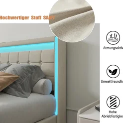 Simple Life Lit 140x200 Avec Sommier LED Et USB, Lit Coffre 140x200 Avec Lattes Et 4 Tiroirs , Beige Best