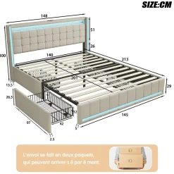 Simple Life Lit 140x200 Avec Sommier LED Et USB, Lit Coffre 140x200 Avec Lattes Et 4 Tiroirs , Beige Best