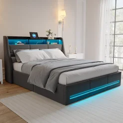 Simple Life Lit 160x200 avec Sommier LED et USB, Lit Coffre avec Rangement et Tete de Lit, lit 2 persons de Rangement Hydraulique, Gris