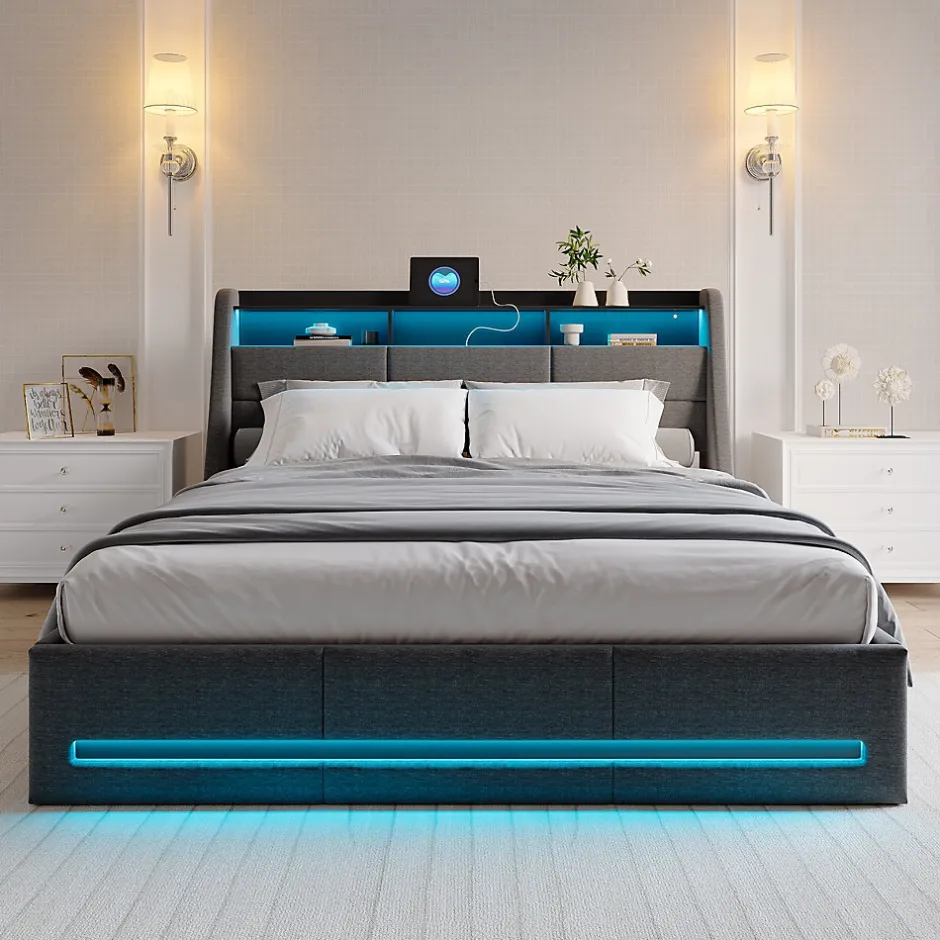 Simple Life Lit 160x200 avec Sommier LED et USB, Lit Coffre avec Rangement et Tete de Lit, lit 2 persons de Rangement Hydraulique, Gris