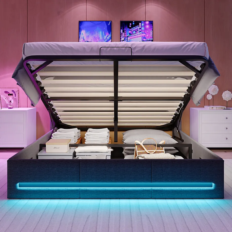 Simple Life Lit 160x200 avec Sommier LED et USB, Lit Coffre avec Rangement et Tete de Lit, lit 2 persons de Rangement Hydraulique, Gris