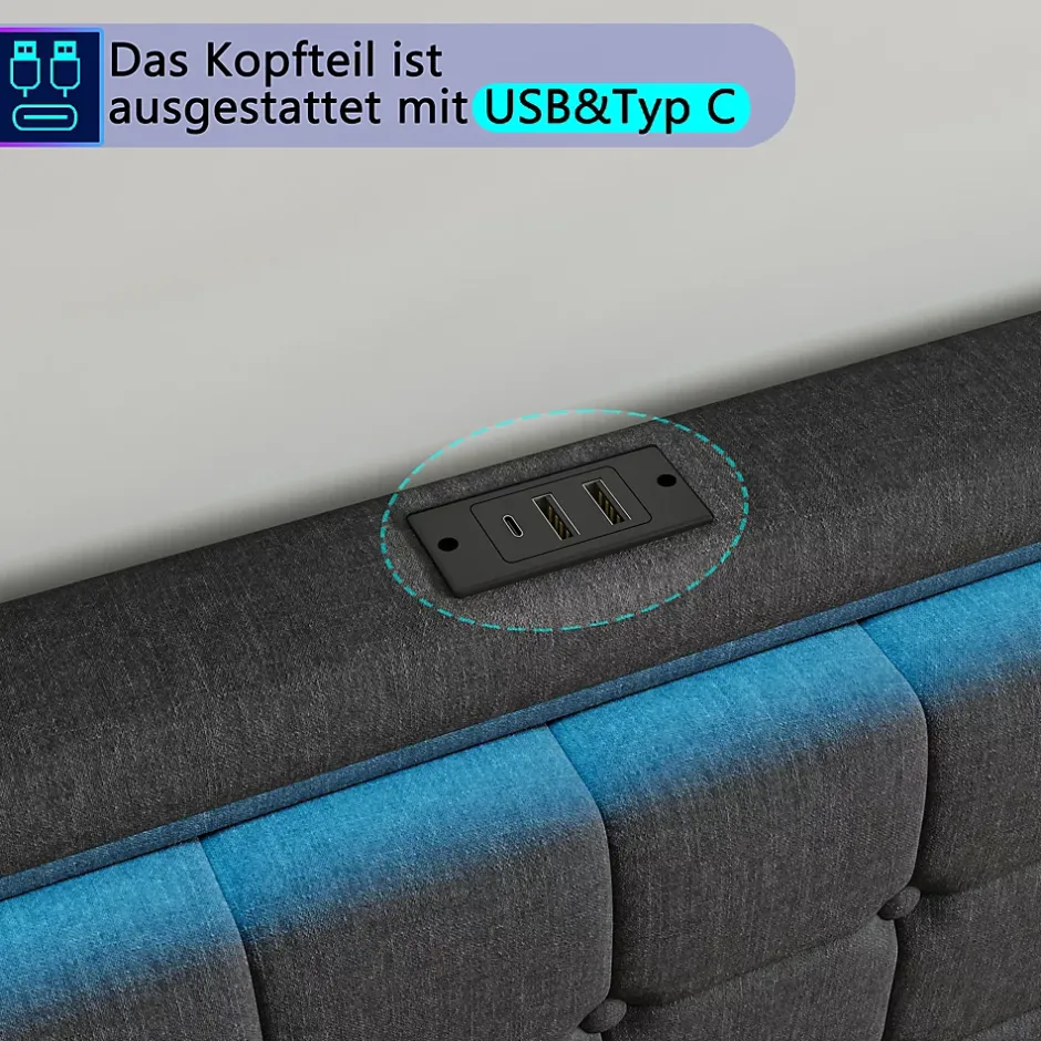 Simple Life Lit 180x200 Avec Sommier LED Et USB, Lit Coffre 140x200 Avec Lattes Et 4 Tiroirs , Gris
