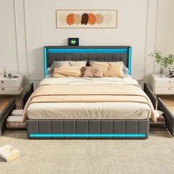 Simple Life Lit 180x200 Avec Sommier LED Et USB, Lit Coffre 140x200 Avec Lattes Et 4 Tiroirs , Gris