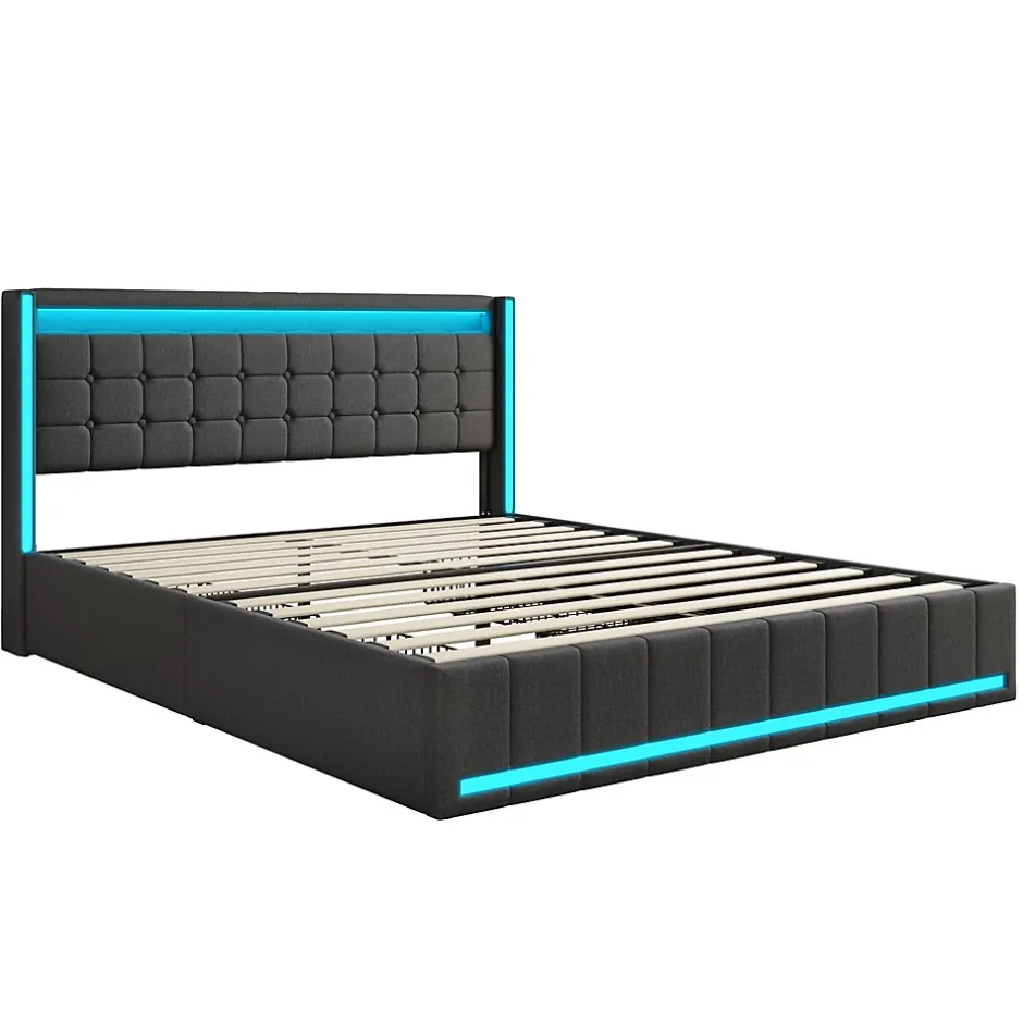 Simple Life Lit 180x200 Avec Sommier LED Et USB, Lit Coffre 140x200 Avec Lattes Et 4 Tiroirs , Gris