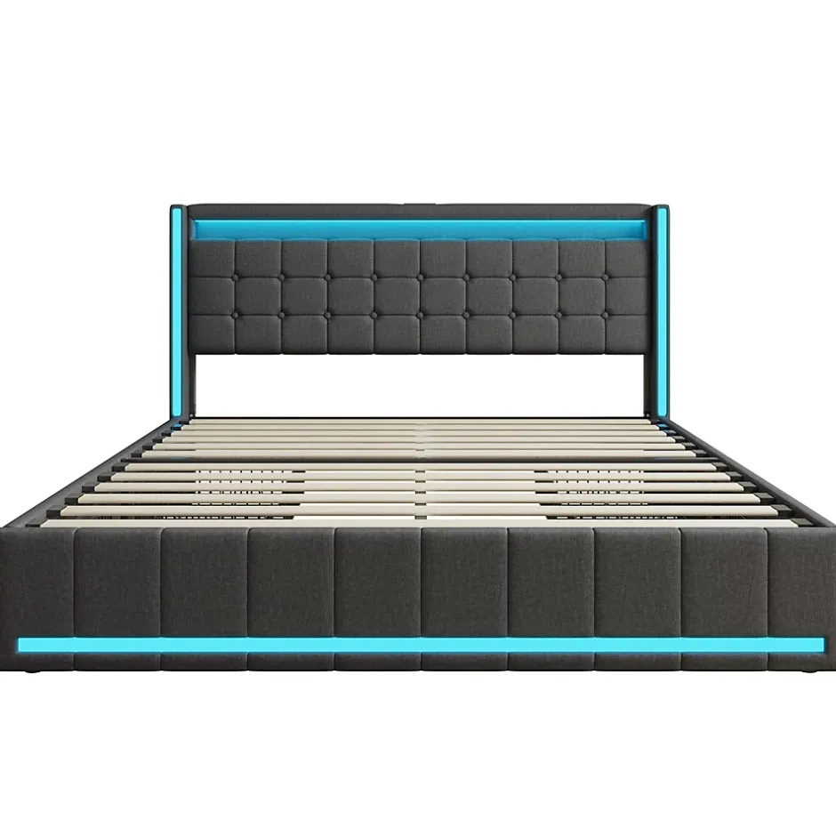 Simple Life Lit 180x200 Avec Sommier LED Et USB, Lit Coffre 140x200 Avec Lattes Et 4 Tiroirs , Gris