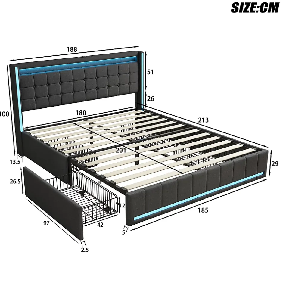Simple Life Lit 180x200 Avec Sommier LED Et USB, Lit Coffre 140x200 Avec Lattes Et 4 Tiroirs , Gris
