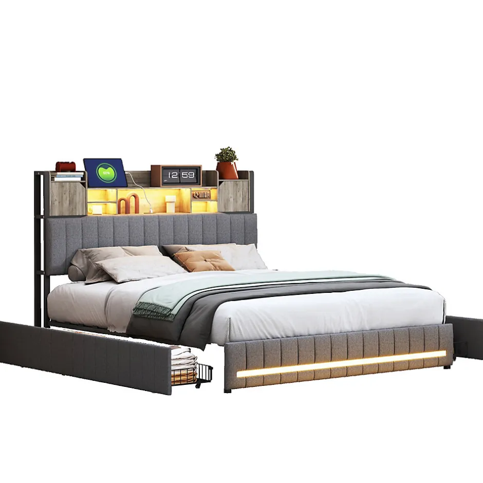 Fortuna lai Lit 160x200 avec Sommier LED et USB, Lit Coffre avec 4 Tiroirs et Rangement Tête Delit, Gris