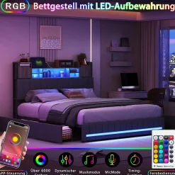 Fortuna lai Lit 160x200 avec Sommier LED et USB, Lit Coffre avec 4 Tiroirs et Rangement Tête Delit, Gris