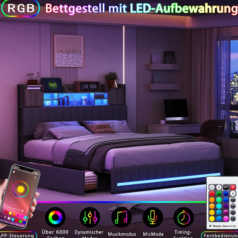 Fortuna lai Lit 160x200 avec Sommier LED et USB, Lit Coffre avec 4 Tiroirs et Rangement Tête Delit, Gris