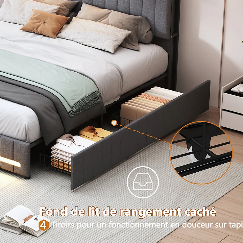 Fortuna lai Lit 160x200 avec Sommier LED et USB, Lit Coffre avec 4 Tiroirs et Rangement Tête Delit, Gris