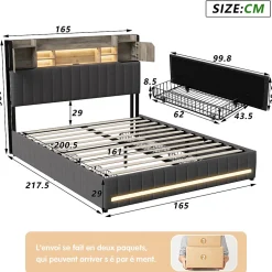 Fortuna lai Lit 160x200 avec Sommier LED et USB, Lit Coffre avec 4 Tiroirs et Rangement Tête Delit, Gris