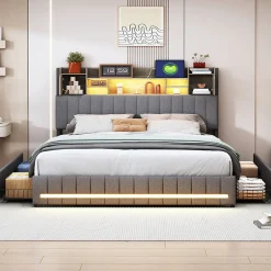 Fortuna lai Lit 160x200 avec Sommier LED et USB, Lit Coffre avec 4 Tiroirs et Rangement Tête Delit, Gris