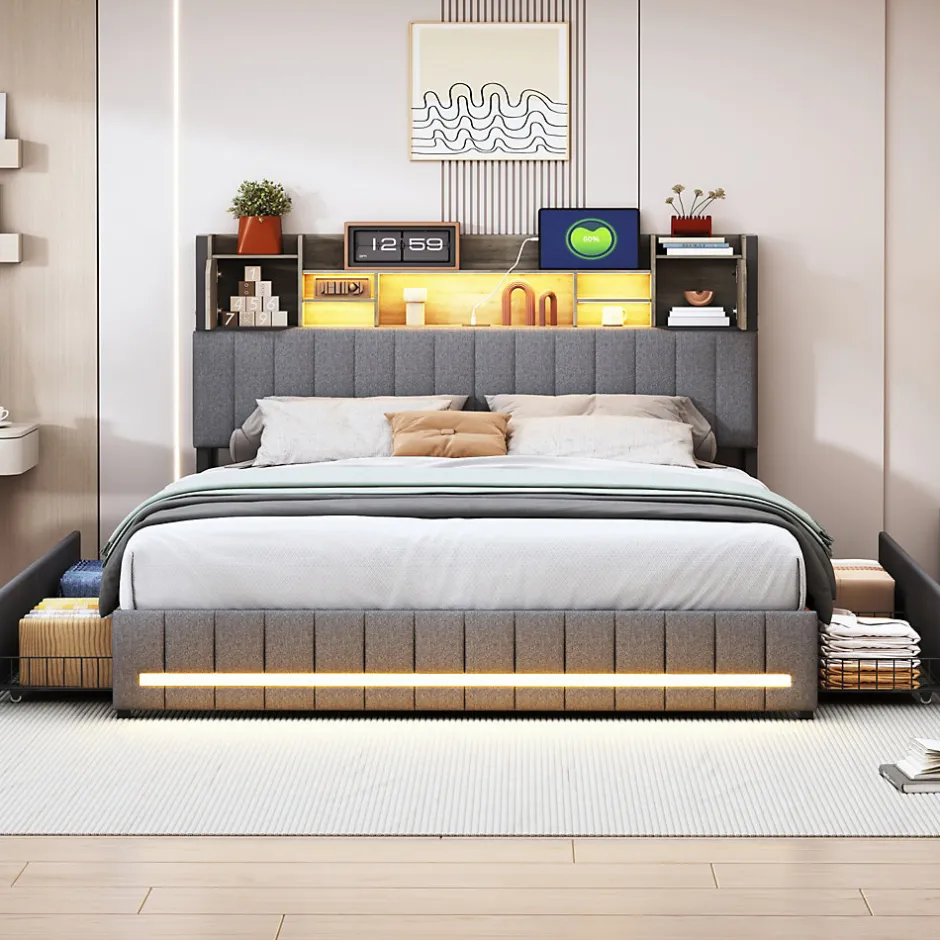 Fortuna lai Lit 160x200 avec Sommier LED et USB, Lit Coffre avec 4 Tiroirs et Rangement Tête Delit, Gris