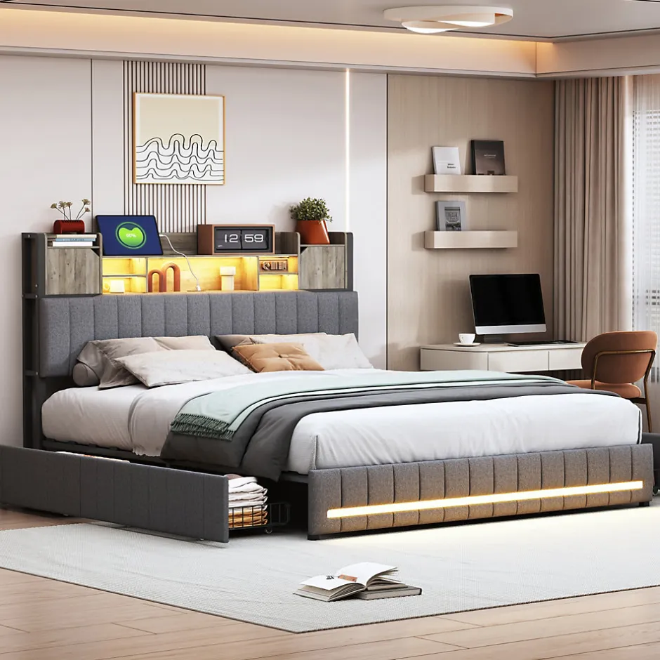 Fortuna lai Lit 160x200 avec Sommier LED et USB, Lit Coffre avec 4 Tiroirs et Rangement Tête Delit, Gris