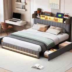 Fortuna lai Lit 160x200 avec Sommier LED et USB, Lit Coffre avec 4 Tiroirs et Rangement Tête Delit, Gris