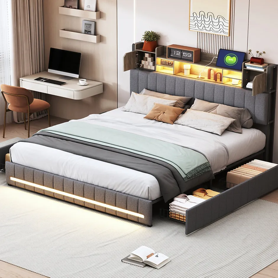 Fortuna lai Lit 160x200 avec Sommier LED et USB, Lit Coffre avec 4 Tiroirs et Rangement Tête Delit, Gris