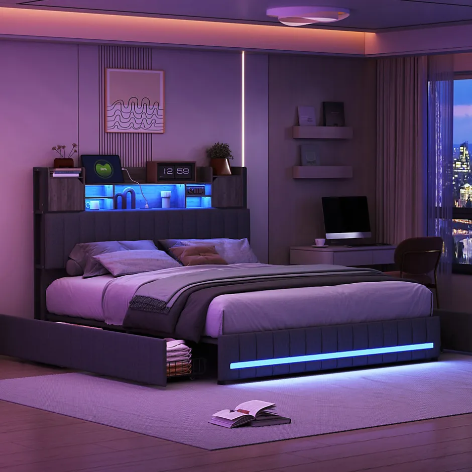 Fortuna lai Lit 160x200 avec Sommier LED et USB, Lit Coffre avec 4 Tiroirs et Rangement Tête Delit, Gris