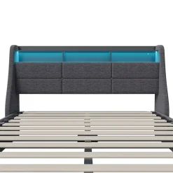 Fortuna lai Lit 140x190 Avec Sommier LED Et Charge USB, Avec 4 Tiroirs Et Tête De Lit De Rangement, Lin, Gris Hot