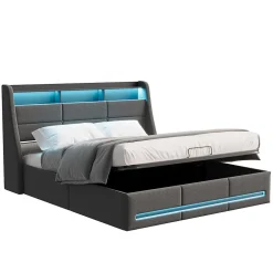 Fortuna lai Lit 140x190 Avec Sommier LED Et Charge USB, Avec 4 Tiroirs Et Tête De Lit De Rangement, Lin, Gris Hot