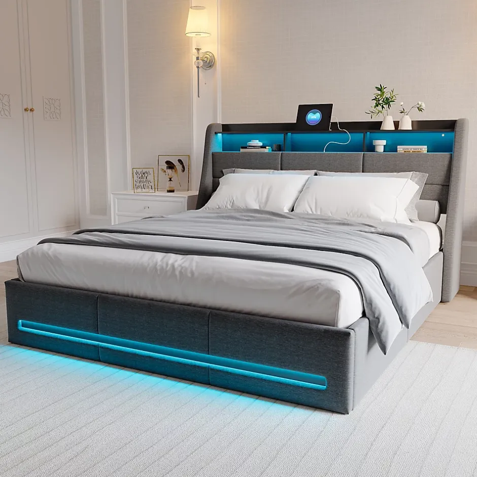 Fortuna lai Lit 140x190 Avec Sommier LED Et Charge USB, Avec 4 Tiroirs Et Tête De Lit De Rangement, Lin, Gris Hot