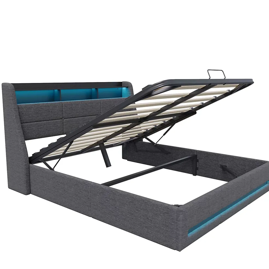 Simple Life Lit 140x190 avec sommier LED et USB, lit coffre avec tête de lit, gris Online
