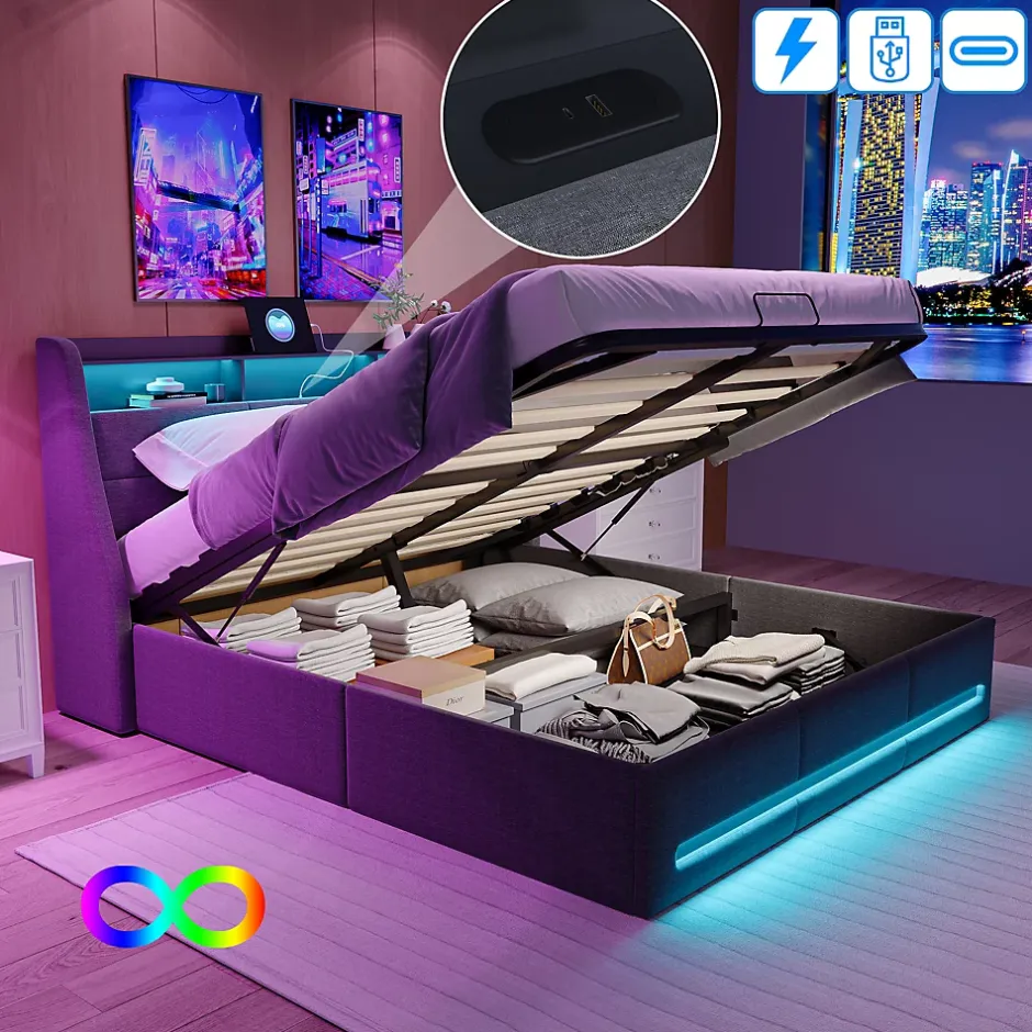 Simple Life Lit 140x190 avec sommier LED et USB, lit coffre avec tête de lit, gris Online
