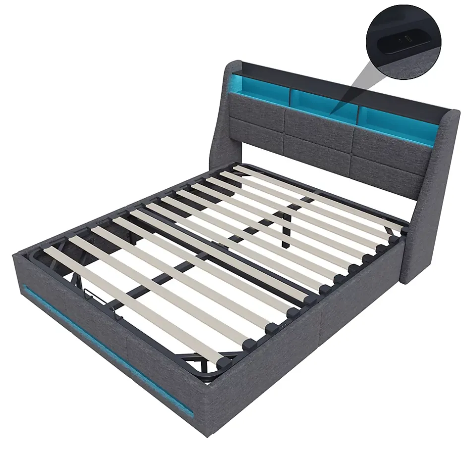 Simple Life Lit 140x190 avec sommier LED et USB, lit coffre avec tête de lit, gris Online