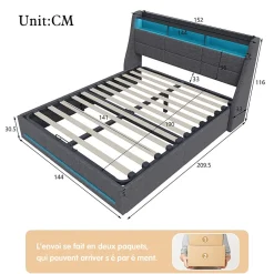 Simple Life Lit 140x190 avec Sommier LED et USB, Lit Coffre avec Rangement et Tete de Lit, Gris