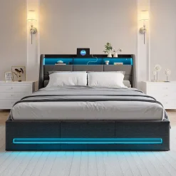 Simple Life Lit 140x190 avec Sommier LED et USB, Lit Coffre avec Rangement et Tete de Lit, Gris