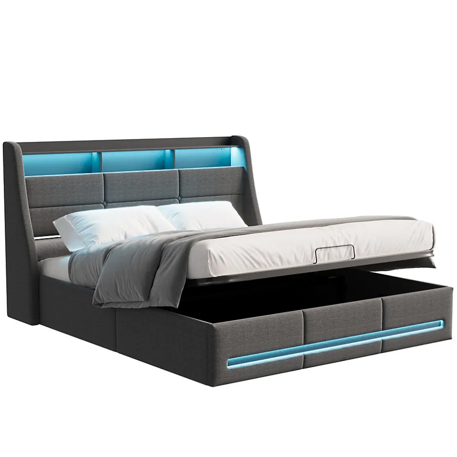Simple Life Lit 140x190 avec Sommier LED et USB, Lit Coffre avec Rangement et Tete de Lit, Gris