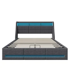 Simple Life Lit 140x190 avec Sommier LED et USB, Lit Coffre avec Rangement et Tete de Lit, Gris
