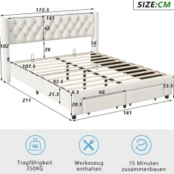 Fortuna lai Lit 160x200 avec Sommier, Lit Coffre avec 2 Tiroirs et Hydraulique Rangement, Lits Double Rembourré en Velours,Beige