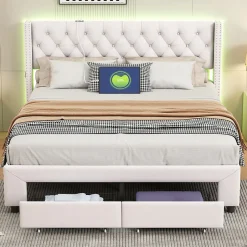 Fortuna lai Lit 160x200 avec Sommier, Lit Coffre avec 2 Tiroirs et Hydraulique Rangement, Lits Double Rembourré en Velours,Beige