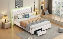 Fortuna lai Lit 160x200 avec Sommier, Lit Coffre avec 2 Tiroirs et Hydraulique Rangement, Lits Double Rembourré en Velours,Beige