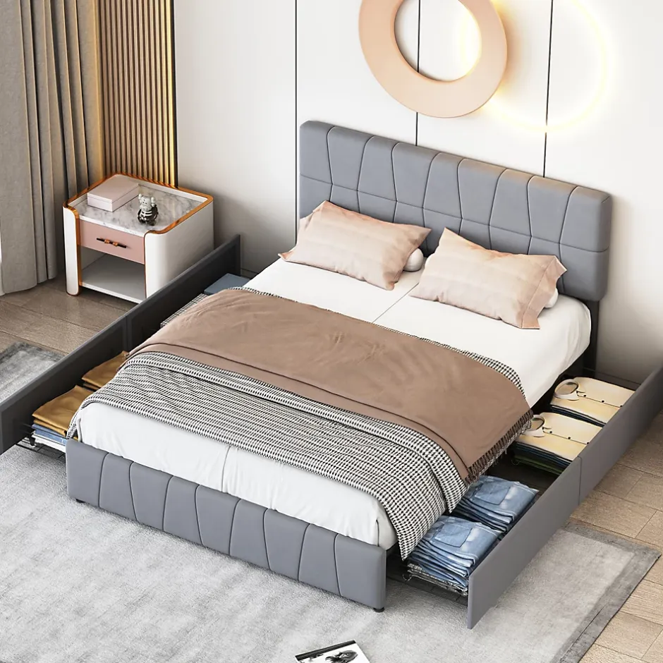 Simple Life Lit 160x200, Cadre De Lit Avec Tête De Lit Capitonnée Réglable En Hauteur, 4 Tiroirs, Gris Hot