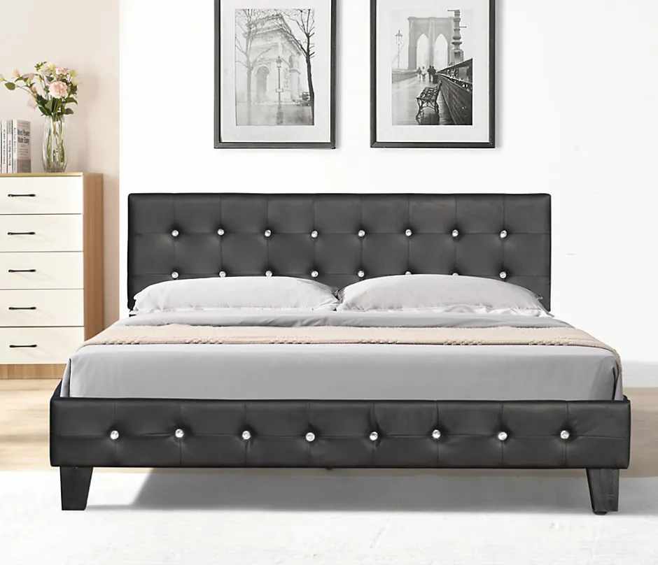 King Of Dreams Lit 140x200 cm - avec sommier - tete de lit capitonnee noir - pieds 10 cm - 13 lattes - confort optimal - design moderne
