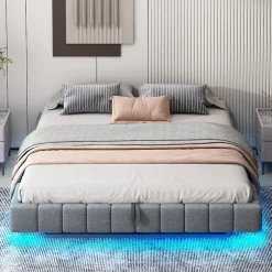 Redom Lit 180x200 cm à effet flottant avec rangement hydraulique, cadre métal robuste, tapissé lin gris, LED