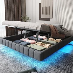 Redom Lit 180x200 cm à effet flottant avec rangement hydraulique, cadre métal robuste, tapissé lin gris, LED