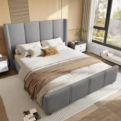 Redom Lit 140x190 cm - tête de lit haute en velours gris foncé, ports USB intégrés, cadre métal & panneau bois