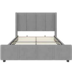 Redom Lit 140x190 cm - tête de lit haute en velours gris foncé, ports USB intégrés, cadre métal & panneau bois