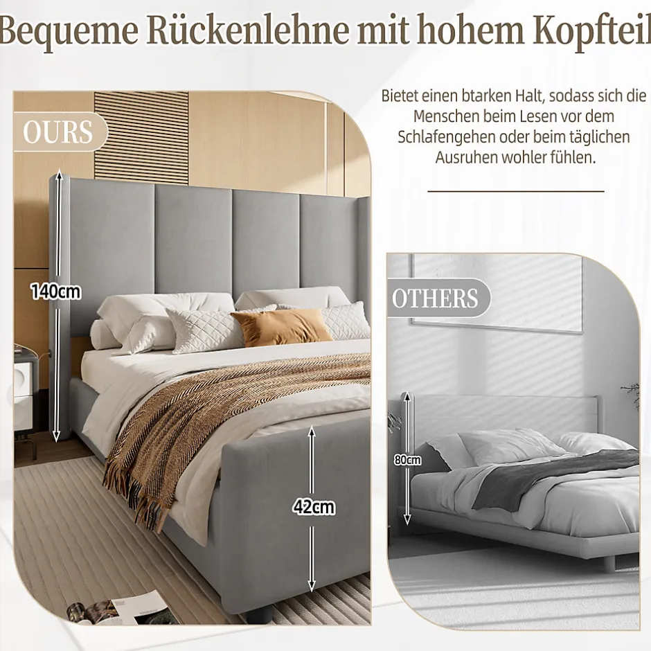 Redom Lit 140x190 cm - tête de lit haute en velours gris foncé, ports USB intégrés, cadre métal & panneau bois