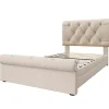 Redom Lit 90x200 cm avec 2 tiroirs de rangement et tête de lit réglable, cadre métal et bois, tissu lin naturel Discount